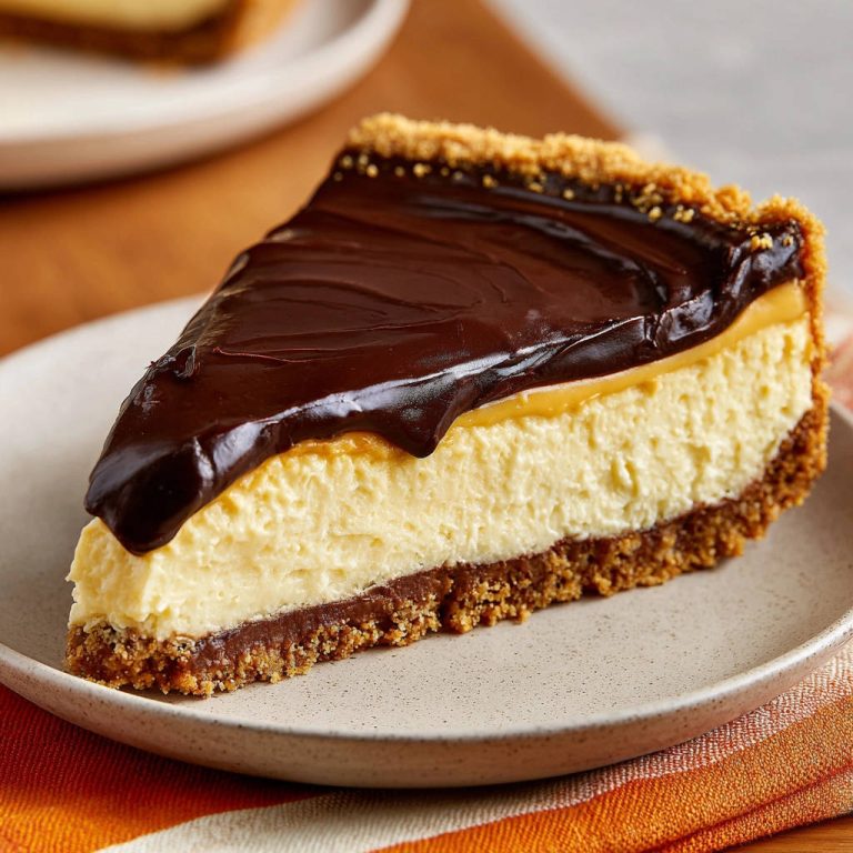 Gebackener Schoko-Karamell-Cheesecake als einzelnes Stück auf einem Teller mit Schokoladen- und Karamellschicht, angeschnitten zur Ansicht.