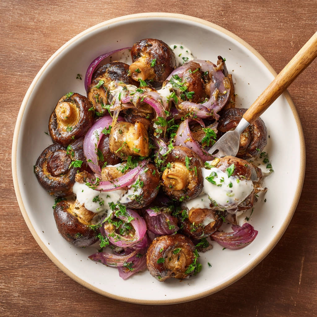 Gebratene Champignons mit roten Zwiebeln, serviert mit einer cremigen Sauce und garniert mit Petersilie, aus der Vogelperspektive.