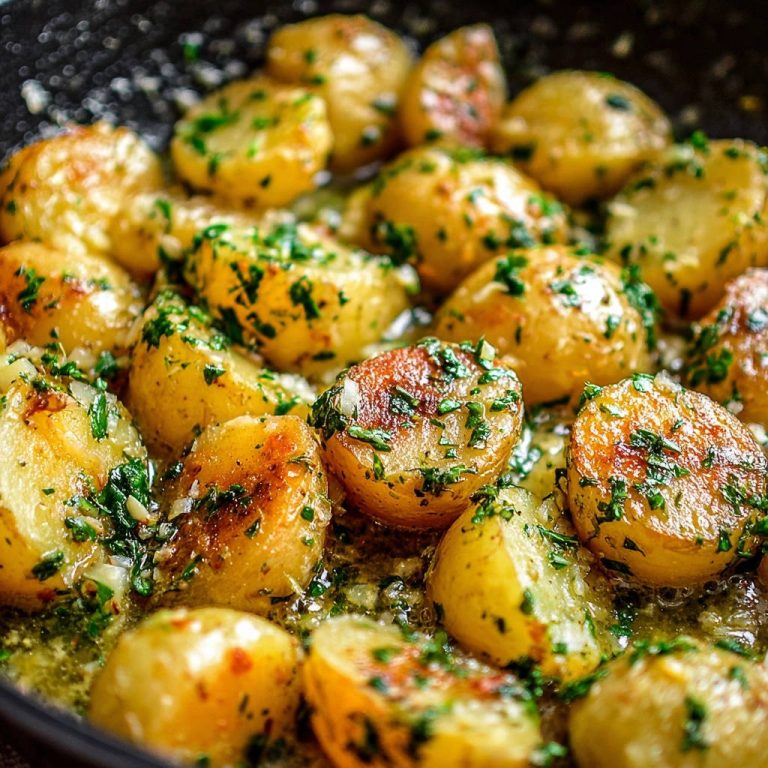 Gebratene Petersilienkartoffeln mit Knoblauch, goldbraun und zart, in einer Pfanne mit frischer Petersilie und Knoblauch nah aufgenommen.