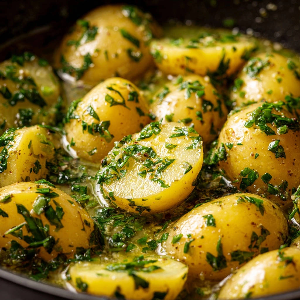 Gebratene Petersilienkartoffeln mit Knoblauch, eine Nahaufnahme mit einem angeschnittenen Kartoffelstück, das das zarte Innere zeigt.