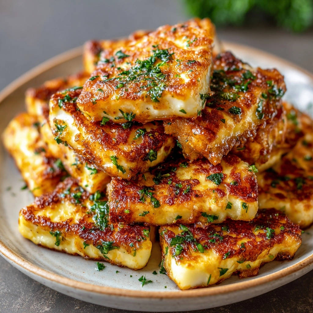 Knuspriger gebratener Halloumi im Detail, frisch garniert mit gehackter Petersilie auf einem Teller gestapelt.