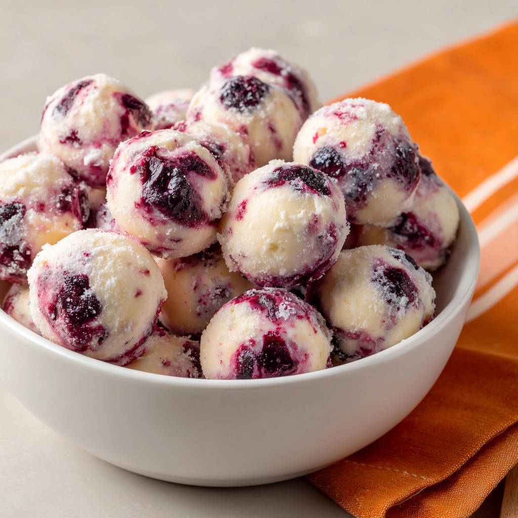 Gefrorene Blaubeer-Quark Bites in einer weißen Schüssel, Nahaufnahme der cremigen Textur mit Blaubeer-Swirls
