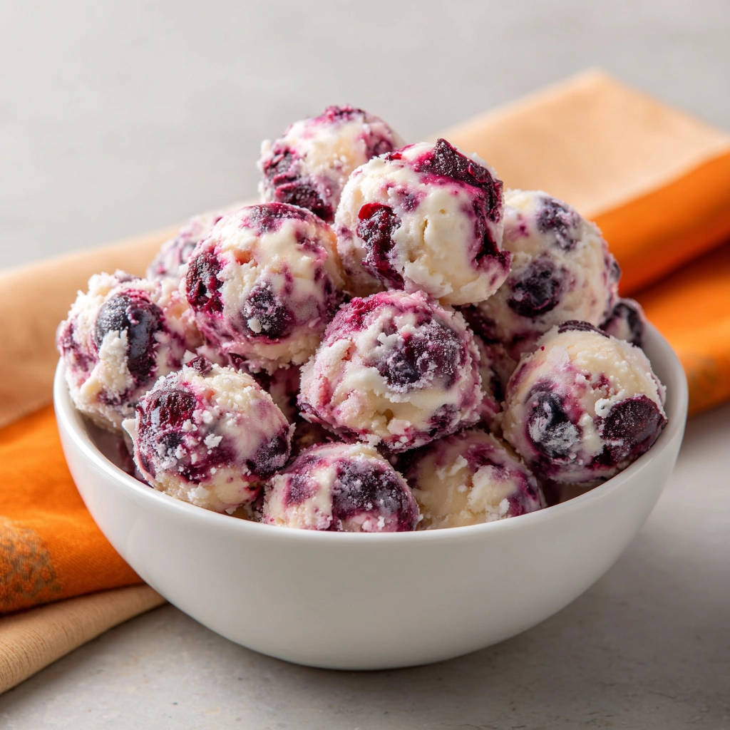 Gefrorene Blaubeer-Quark Bites als Nahaufnahme in einer weißen Schüssel, bedeckt mit Puderzucker und Blaubeerstückchen.