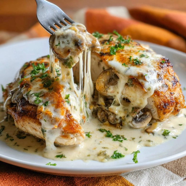 Gefüllte Hähnchenbrust mit Pilz-Sahnesauce und Käse, von einer Gabel mit ziehendem Käse angehoben