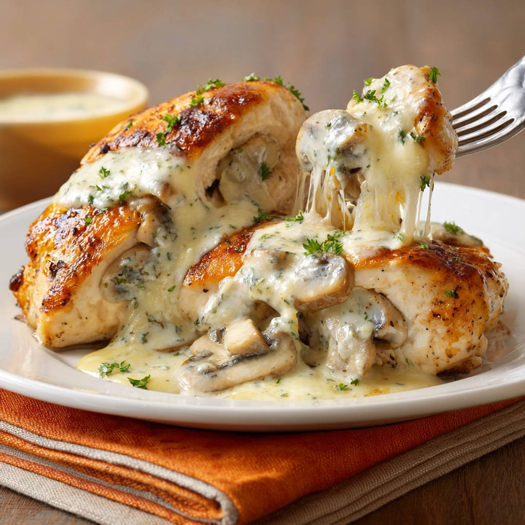 Gefüllte Hähnchenbrust mit Pilz-Sahnesauce und Käse, nah aufgenommen mit schmelzendem Käse, der von einer Gabel gezogen wird.