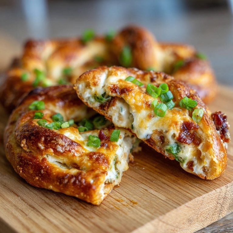 Gefüllte Laugenknoten angeschnitten mit geschmolzenem Käse, Speck und Frühlingszwiebeln auf einem Holzbrett.