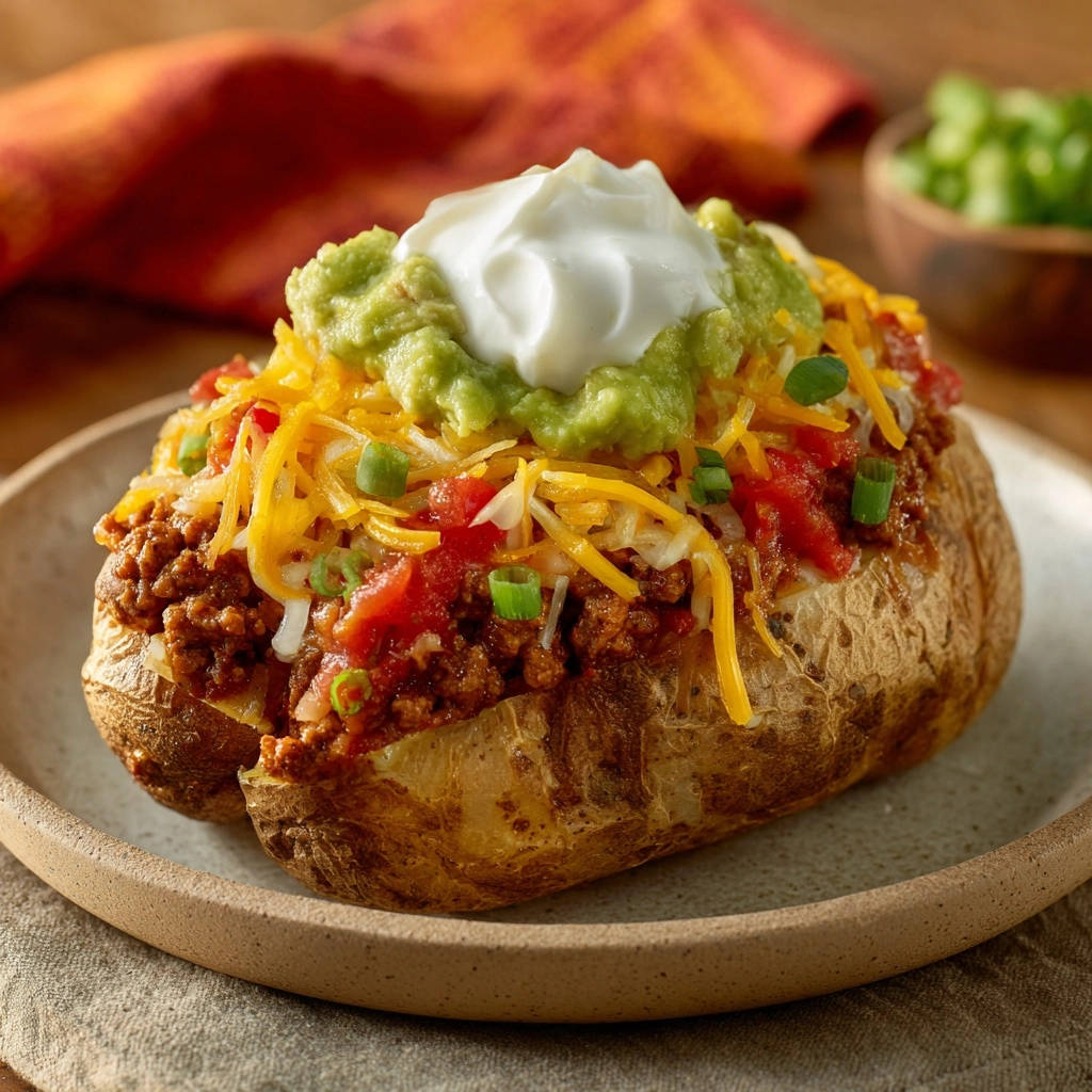 Gefüllte Ofenkartoffel mit Hackfleisch und Käse, serviert mit Guacamole und saurer Sahne, garniert mit Frühlingszwiebeln.