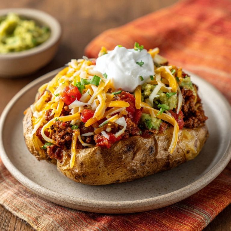 Gefüllte Ofenkartoffel mit Hackfleisch und Käse, nahaufnahme des saftigen Tellers mit saurer Sahne und Guacamole-Topping.