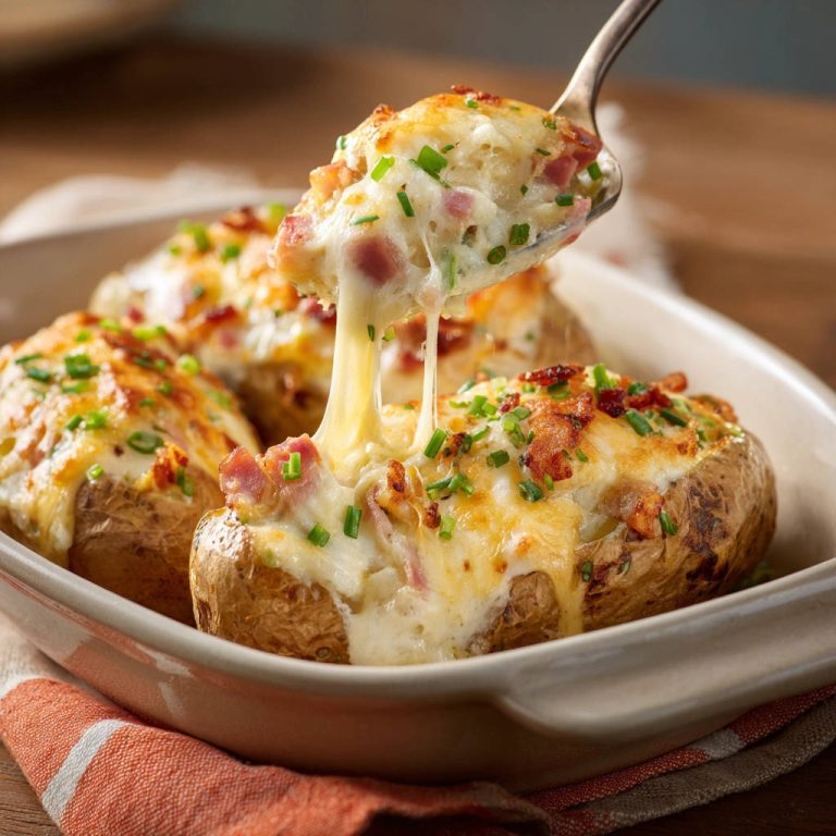 Gefüllte Ofenkartoffeln mit Käse und Speck, die cremig auf einem Löffel herausgezogen werden, mit geschmolzenem Käse.