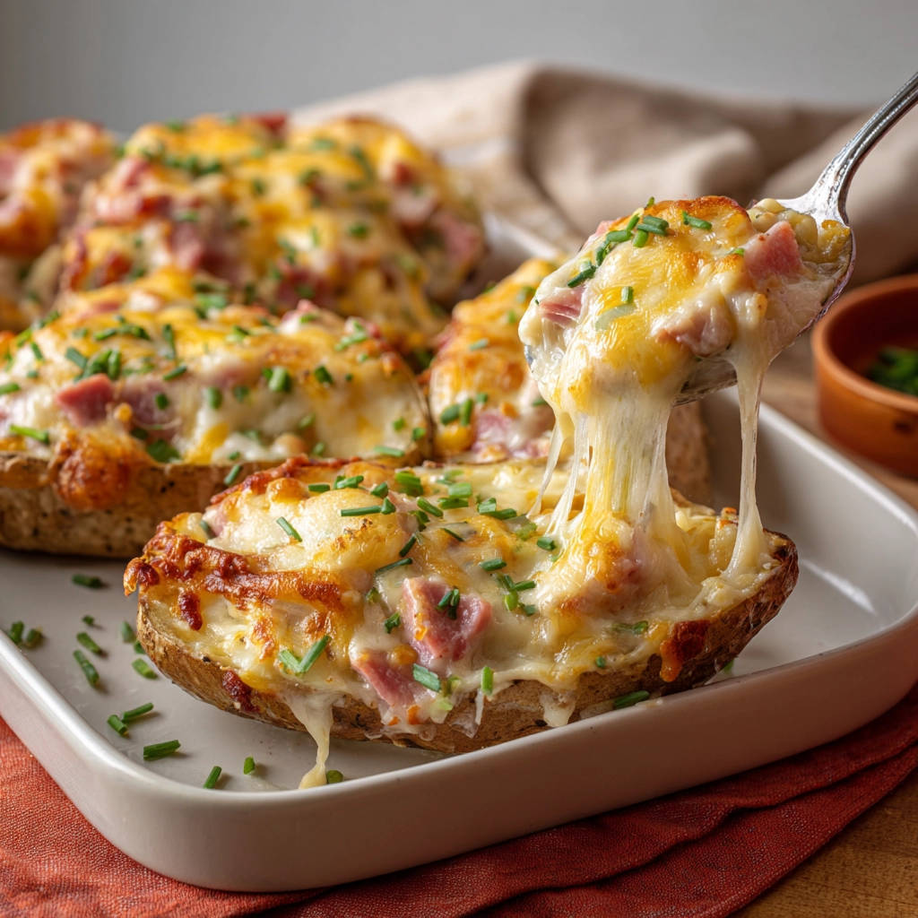 Gefüllte Ofenkartoffeln mit Käse und Speck, nah aufgenommen mit geschmolzenem Käse, der von einem Löffel gezogen wird.