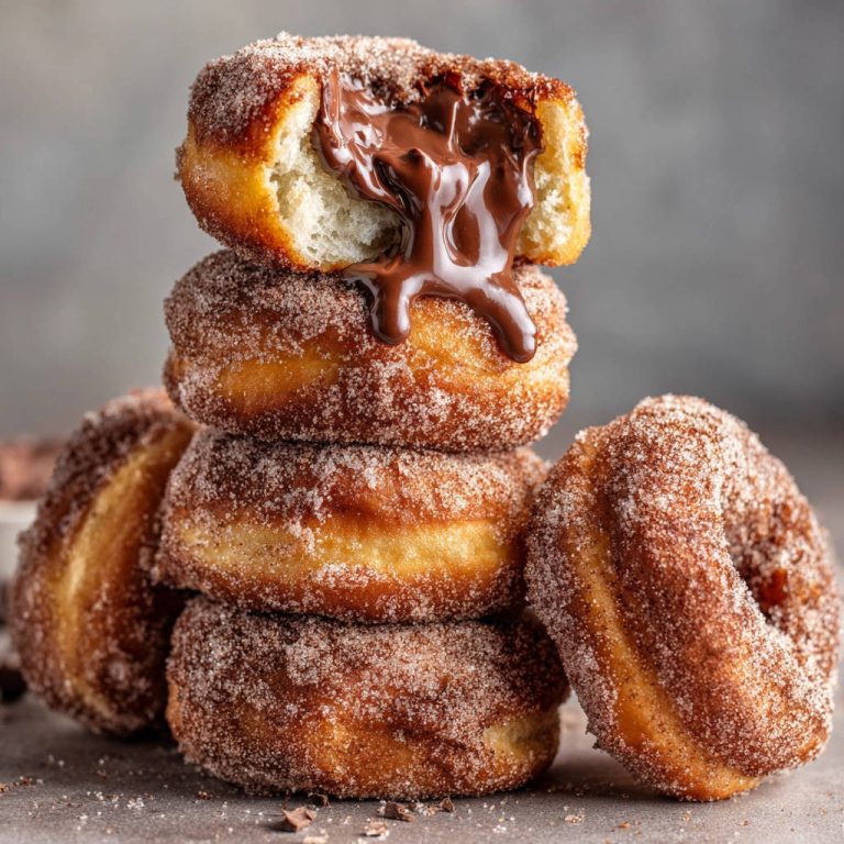 Gefüllte Schoko-Doughnuts mit geschmolzener Schokolade im Anschnitt, die aus dem Inneren tropft.