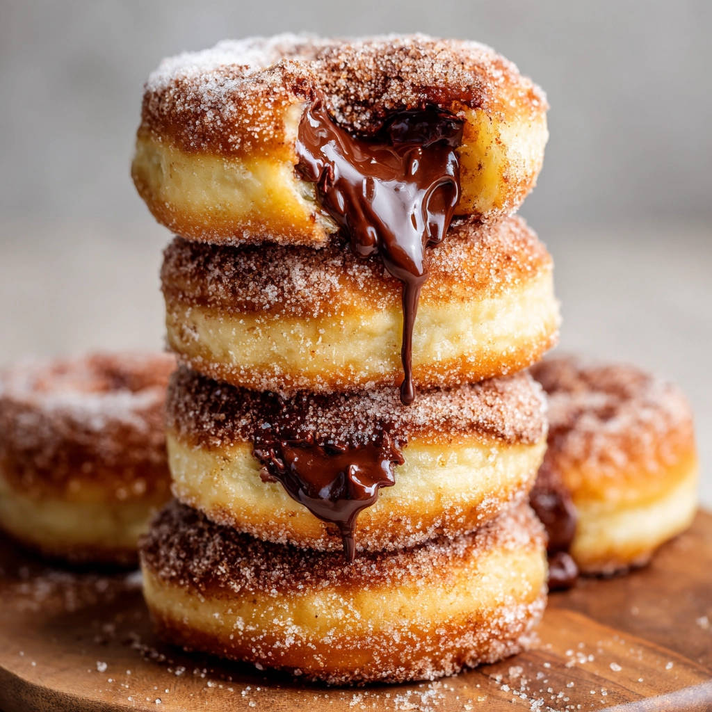 Gefüllte Schoko-Doughnuts mit geschmolzener Schokolade, die aus einem angeschnittenen Donut tropft.