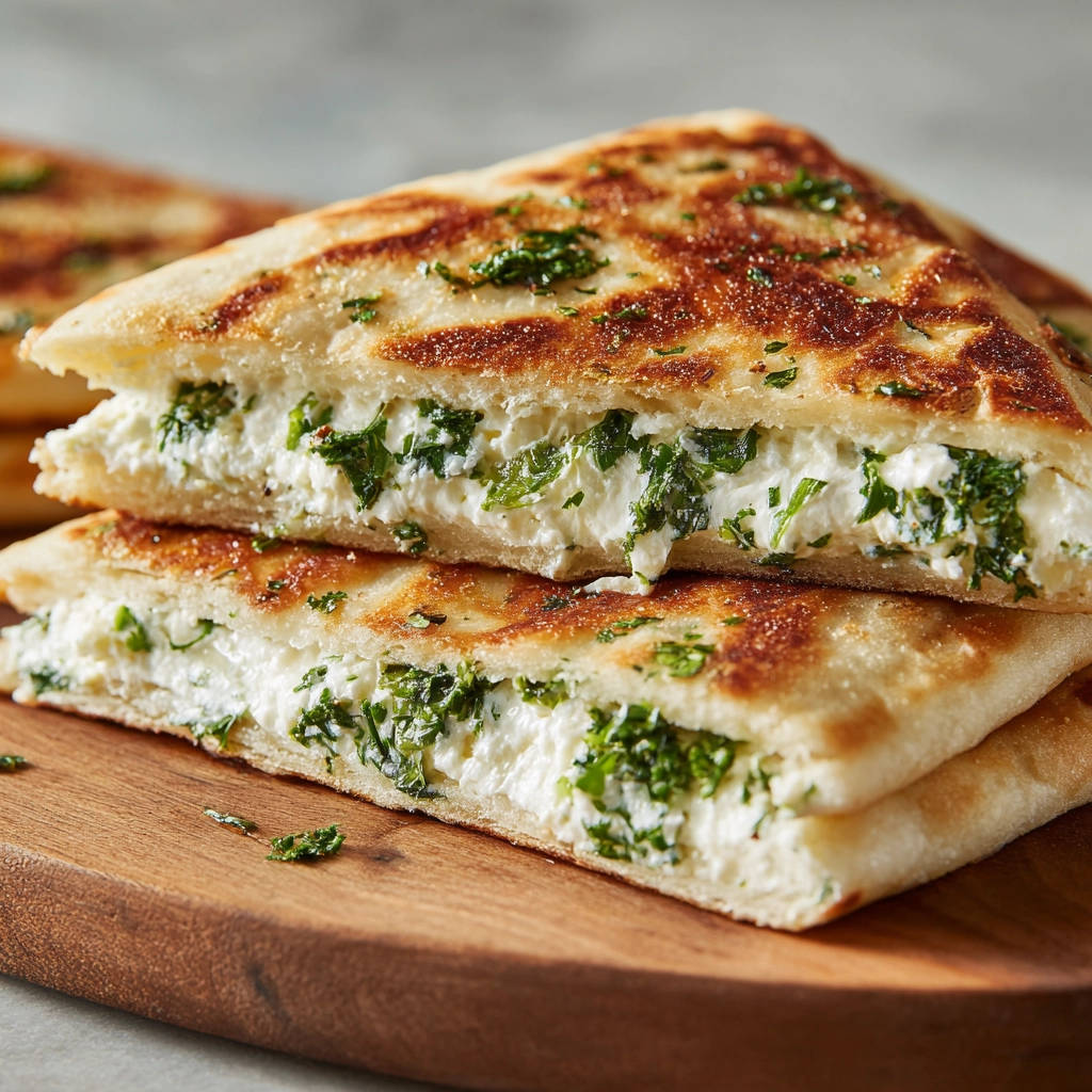 Gefülltes Fladenbrot mit Käse und Kräutern, angeschnitten, das den reichhaltigen Käse und die frischen Kräuter im Inneren zeigt.