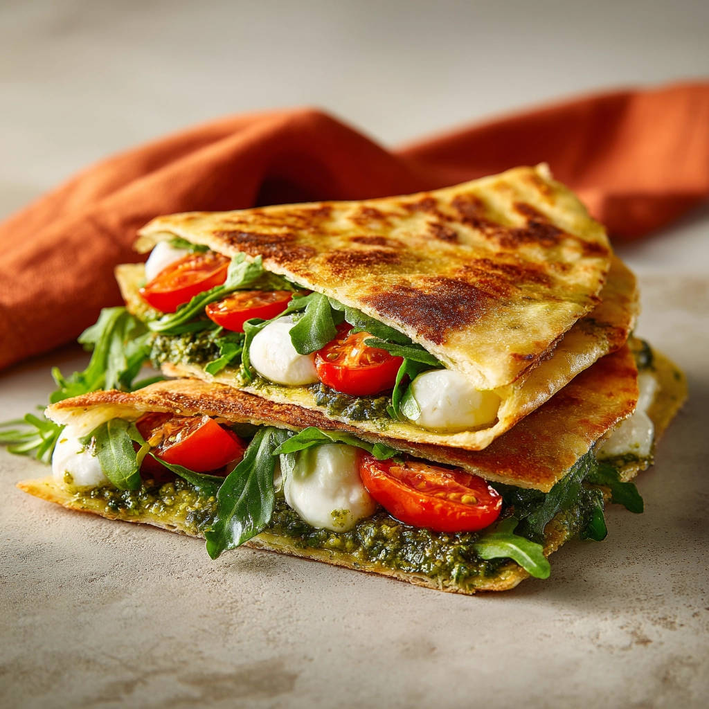 Gefülltes Fladenbrot mit Mozzarella und Pesto im aufgeschnittenen Anschnitt mit frischen Tomaten und Rucola.