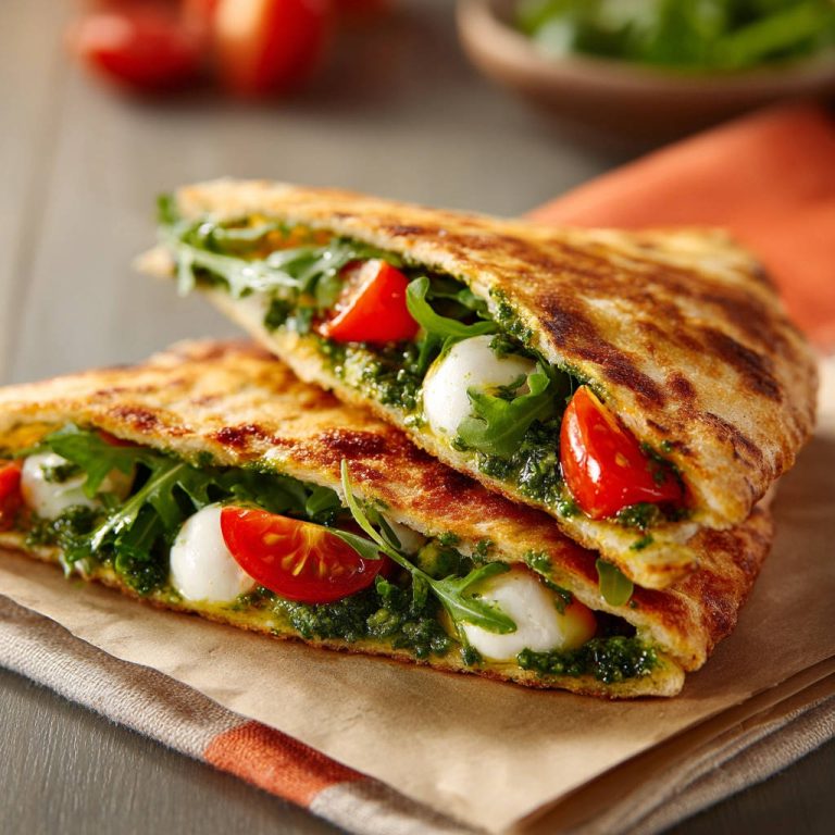 Gefülltes Fladenbrot mit Mozzarella und Pesto im angeschnittenen Querschnitt, mit frischem Basilikum und Tomaten.