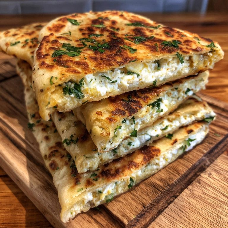 Gefülltes Pfannenbrot angeschnitten, das die cremige Käse-Kräuter-Füllung offenbart und auf einem Holzbrett liegt.