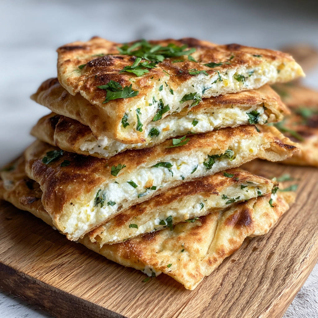 Gefülltes Pfannenbrot angeschnitten, das zeigt die Füllung aus Käse und Kräutern im Querschnitt.
