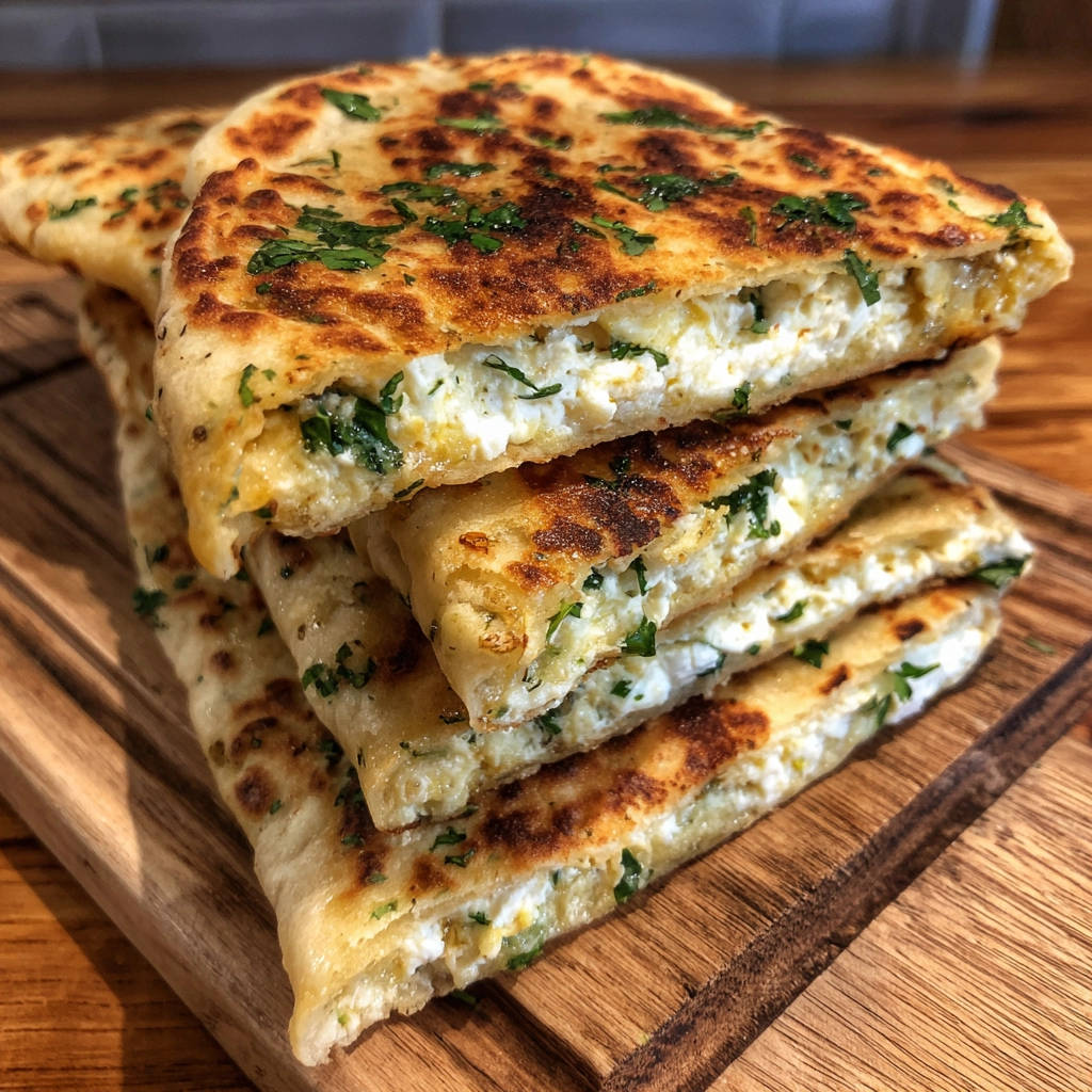 Gefülltes Pfannenbrot angeschnitten, das die cremige Käse-Kräuter-Füllung offenbart und auf einem Holzbrett liegt.