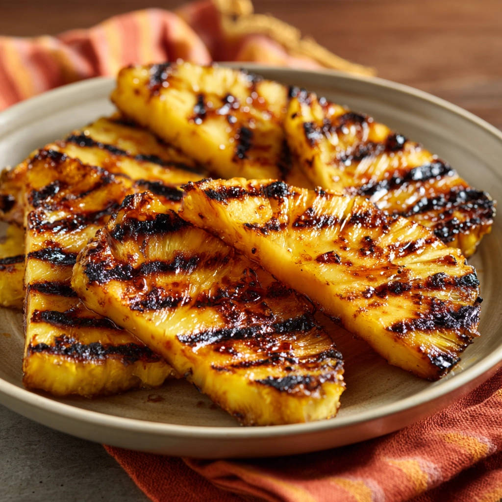 Gegrillte Ananas, perfekt karamellisiert und saftig, in Nahaufnahme auf einem Teller mit Grillstreifen.