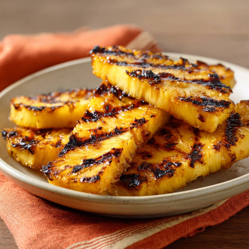 Gegrillte Ananas nahaufnahme auf einem Teller mit orangem Tuch im Hintergrund, perfekt karamellisiert und saftig.