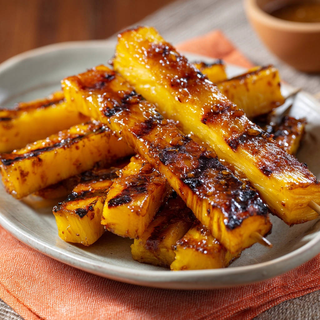 Gegrillte Ananas-Spieße mit karamellisierter Glasur, nahaufnahme auf einem Teller mit orangem Tuch