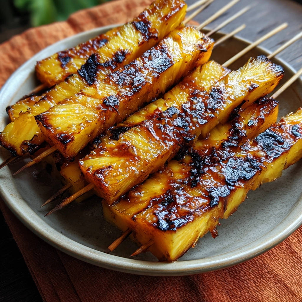 Gegrillte Ananas-Spieße mit karamellisierter Glasur, nahaufnahme mit Fokus auf die Textur und Grillmarkierungen.