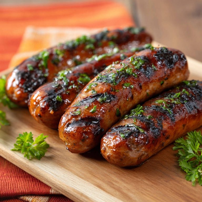 Gegrillte Bratwürste, saftig und mit frischer Petersilie garniert, liegen auf einem Holzbrett.
