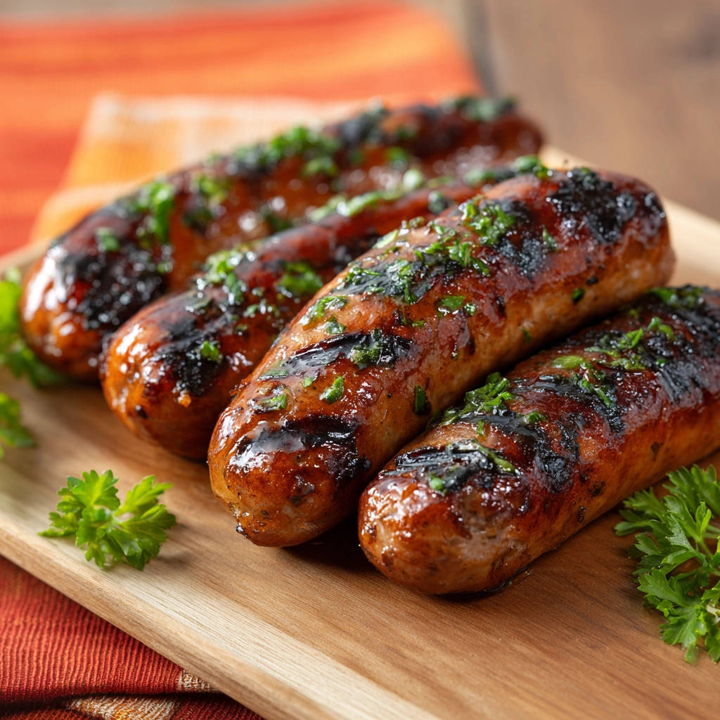 Gegrillte Bratwürste, saftig und mit frischer Petersilie garniert, liegen auf einem Holzbrett.