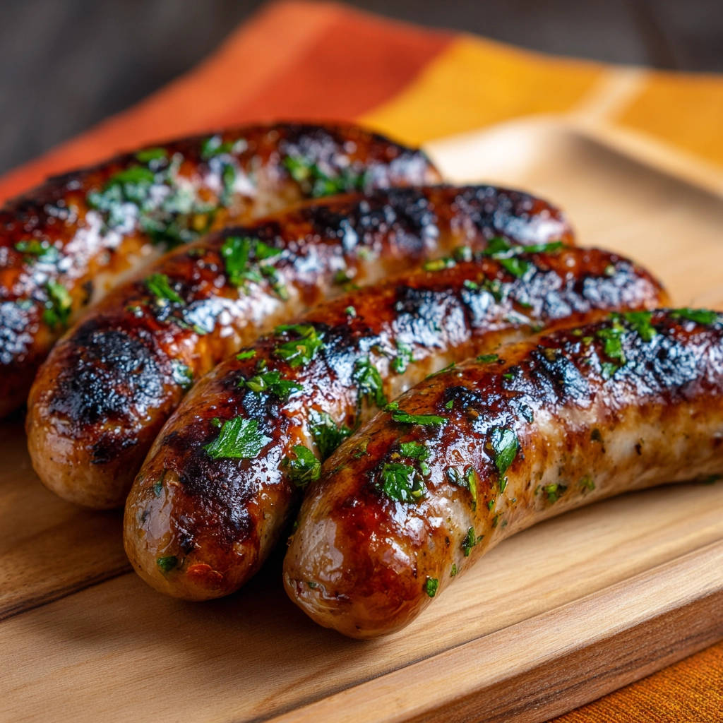 Gegrillte Bratwürste, saftig und leicht gebräunt, mit frischer Petersilie garniert, nahaufnahme auf einem Holzbrett