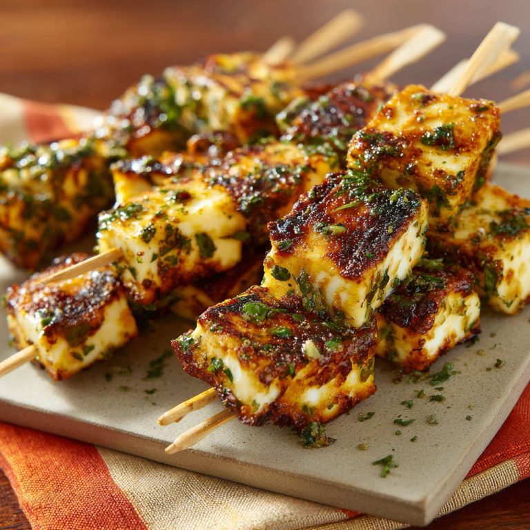 Gegrillte Halloumi-Spieße mit Kräutern und Gewürzen auf einem Teller, Nahaufnahme der Textur