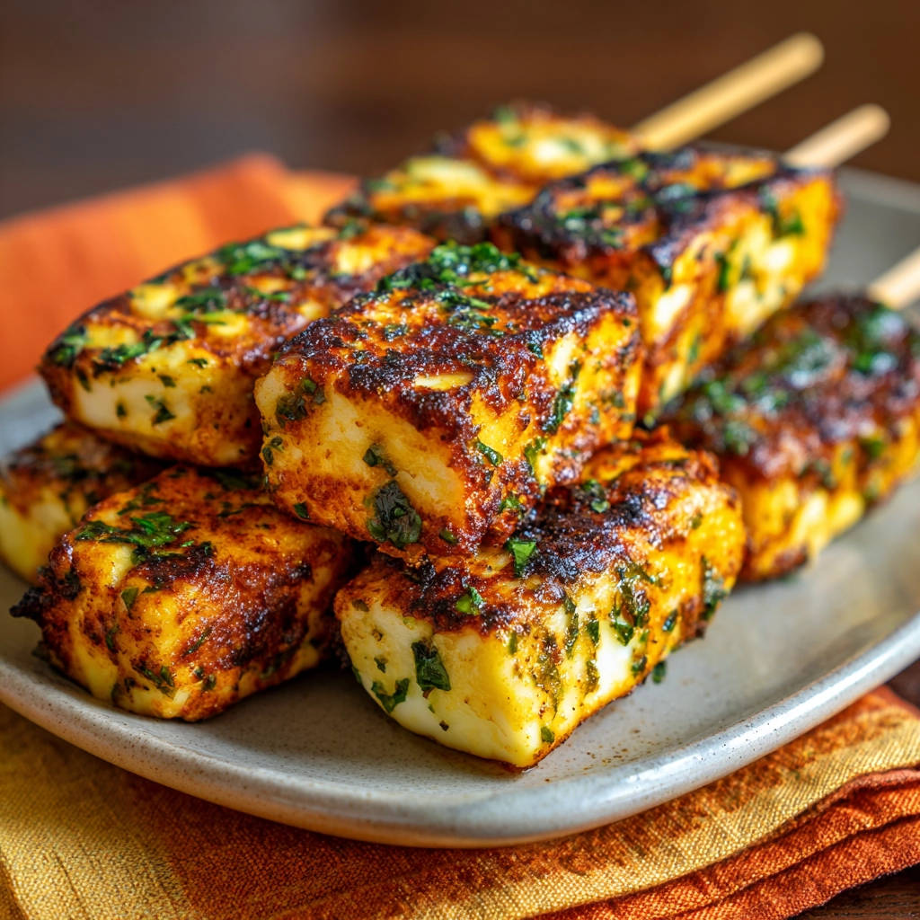 Gegrillte Halloumi-Spieße mit Kräutern und Gewürzen, nahaufnahme auf einem Teller mit orangefarbener Serviette.