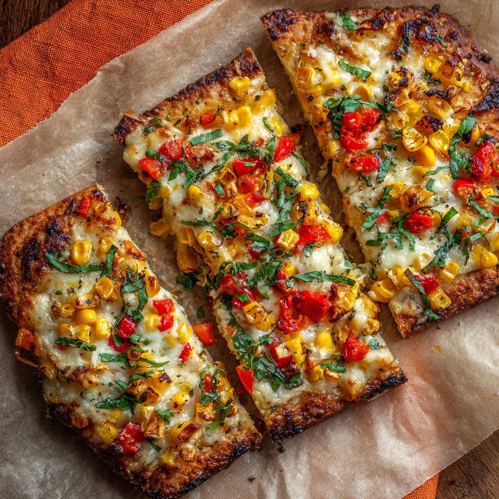 Knuspriges Gemüse-Fladenbrot angeschnitten mit Mais, Paprika und Kräutern, Nahaufnahme der Beläge.
