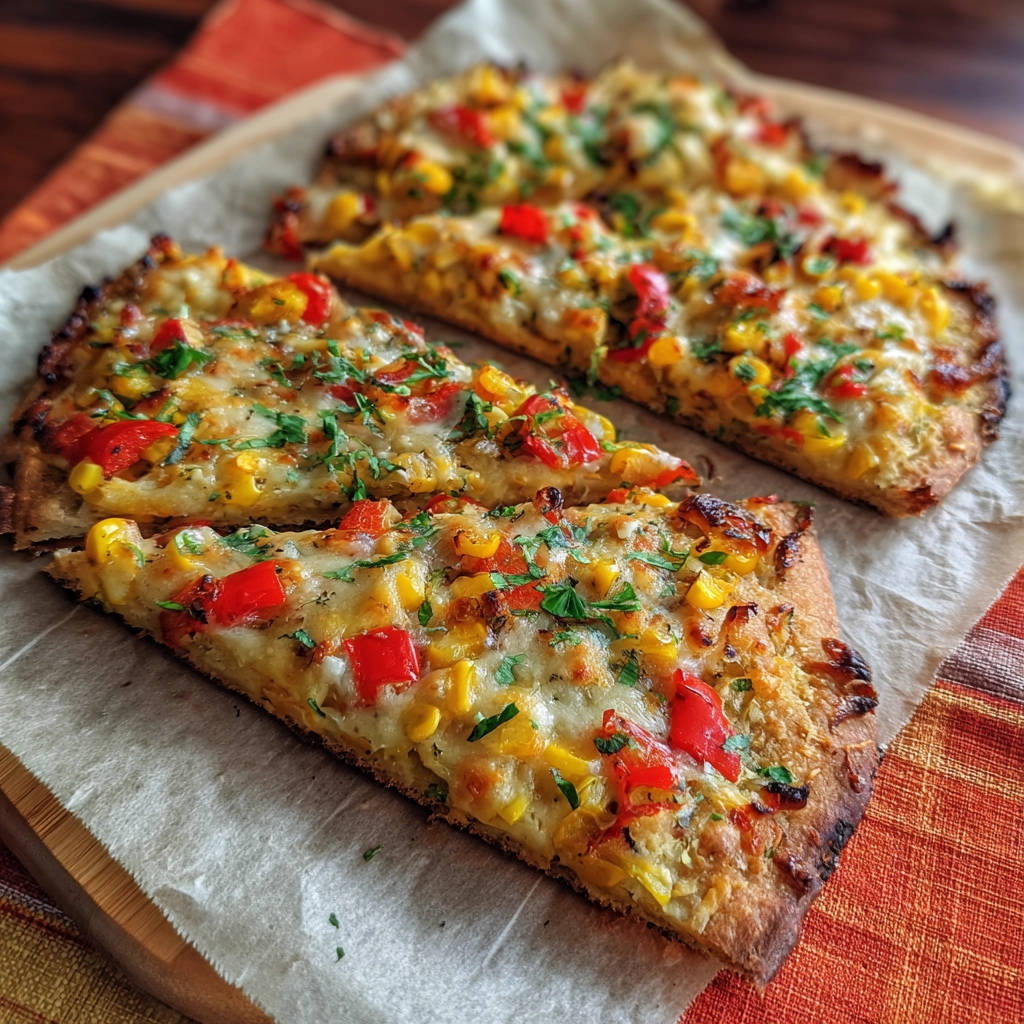 Knuspriges Gemüse-Fladenbrot angeschnitten mit geschmolzenem Käse, Mais und Paprika, bestreut mit Petersilie.