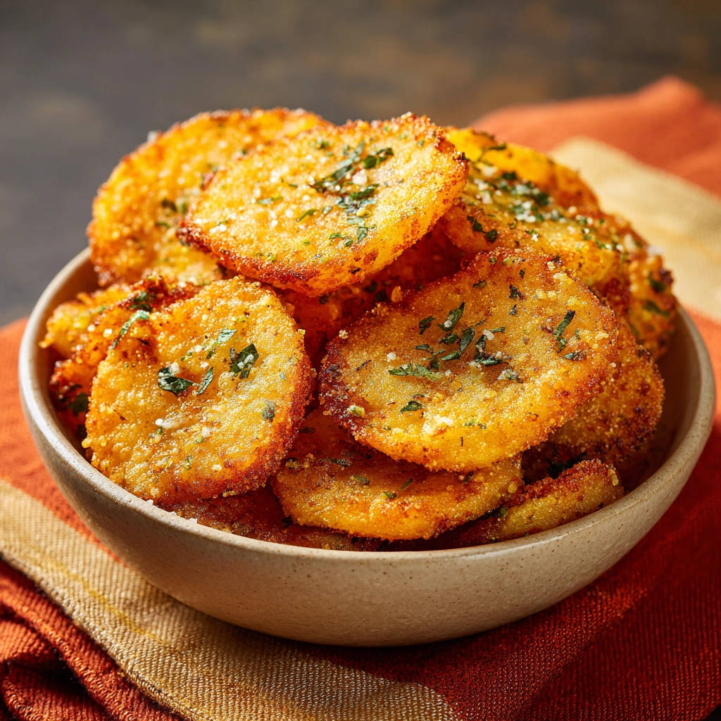 Knusprige Gemüse-Puffer mit Kräutern und Parmesan garniert in einer Schüssel, Nahaufnahme der Textur.