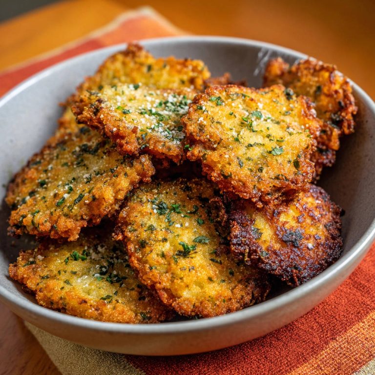 Knusprige Gemüse-Puffer, eine Nahaufnahme von goldbraun frittierten Puffern, bestreut mit Kräutern und Käse, in einer grauen Schüssel serviert.