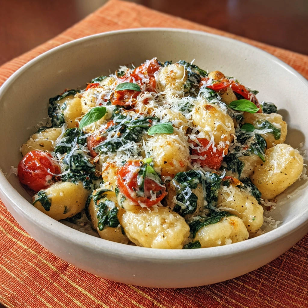 Gnocchi in Cremesauce mit Spinat und Tomaten, Nahaufnahme mit geriebenem Parmesan und frischen Basilikumblättern garniert.