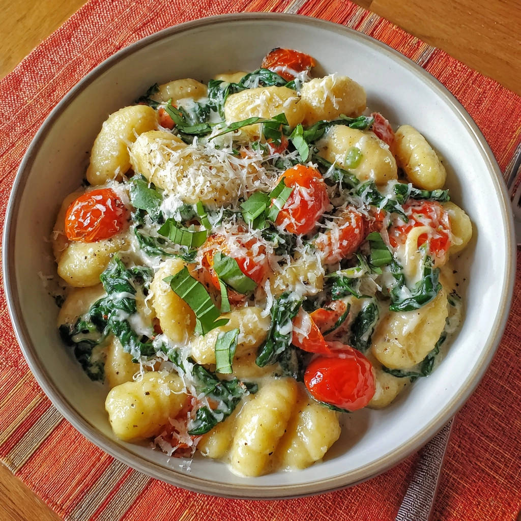 Gnocchi in Cremesauce mit Spinat und Tomaten, serviert in einer Schüssel mit geriebenem Parmesan und frischem Basilikum garniert.