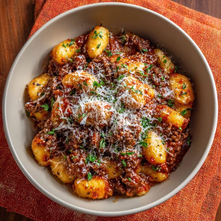 Gnocchi mit reichhaltiger Hackfleischsoße, garniert mit geriebenem Parmesan und Petersilie, in einer Schüssel serviert.
