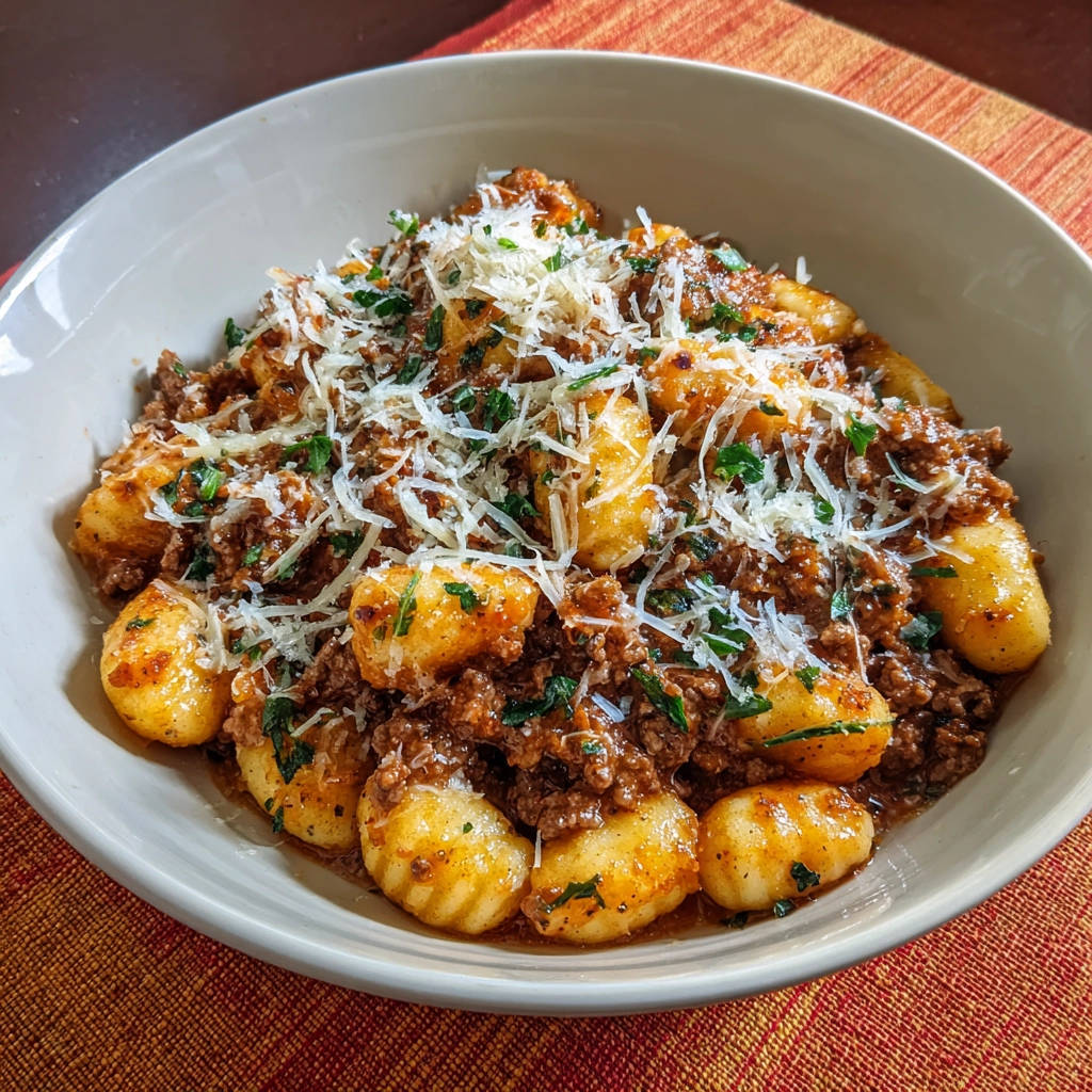 Gnocchi mit reichhaltiger Hackfleischsoße, eine Nahaufnahme, die die Textur der Gnocchi und die herzhafte Soße zeigt.