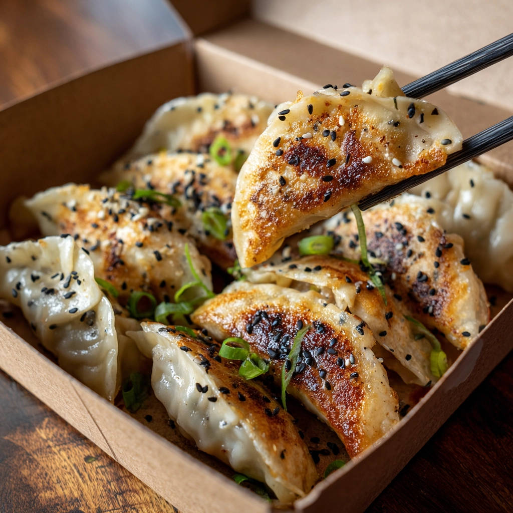 Gyoza werden mit Stäbchen aus einer Pappschachtel gehoben, bestreut mit Sesam und Frühlingszwiebeln.