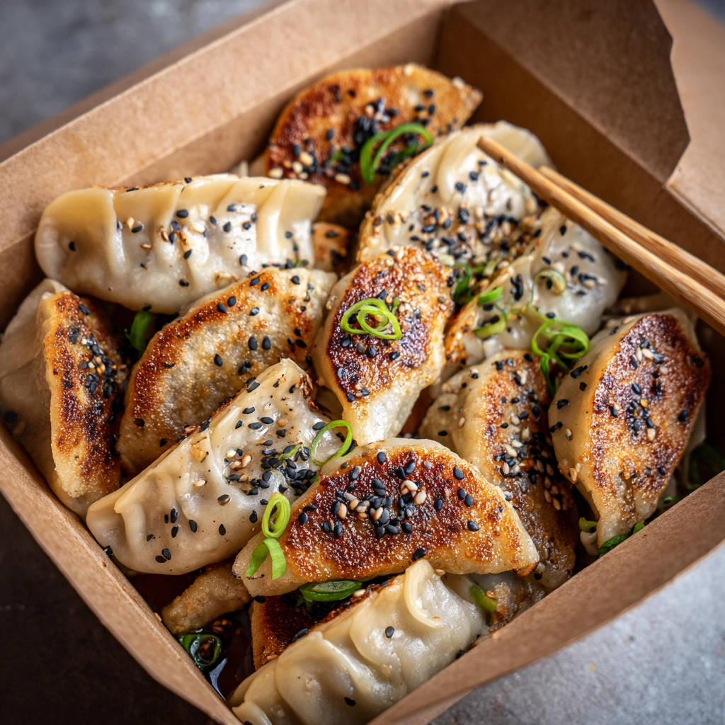 Gyoza im Karton mit Sesam und Frühlingszwiebeln garniert, die knusprig gebratenen Teigtaschen sind nahaufnahmeartig abgebildet.