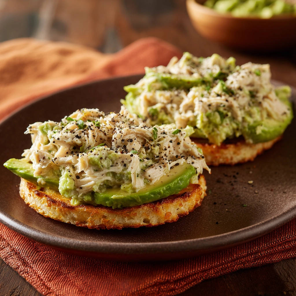 Hähnchen-Avocado Toast als Nahaufnahme auf einem braunen Teller mit frisch garniertem Hähnchen und Avocado.
