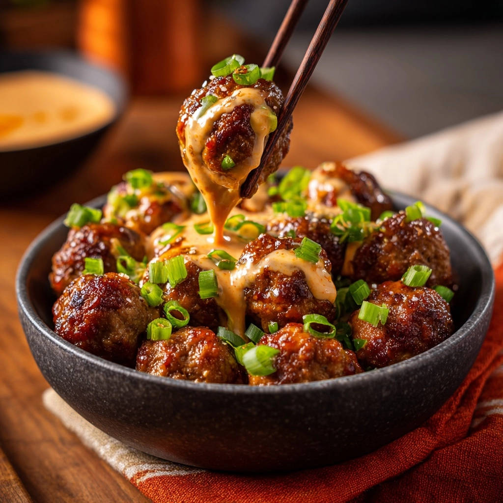Hackbällchen in cremiger Sriracha-Sauce mit Stäbchen herausgenommen, garniert mit Frühlingszwiebeln.