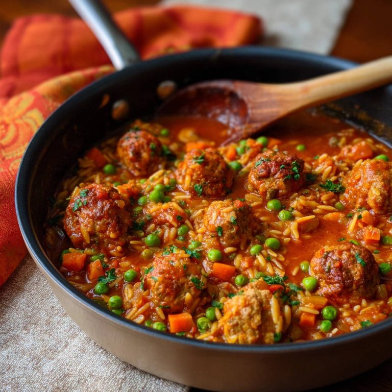 Hackbällchen in Tomaten-Orzo-Pfanne, eine Nahaufnahme der fleischigen Bällchen mit Erbsen und Orzo-Nudeln in Tomatensauce.