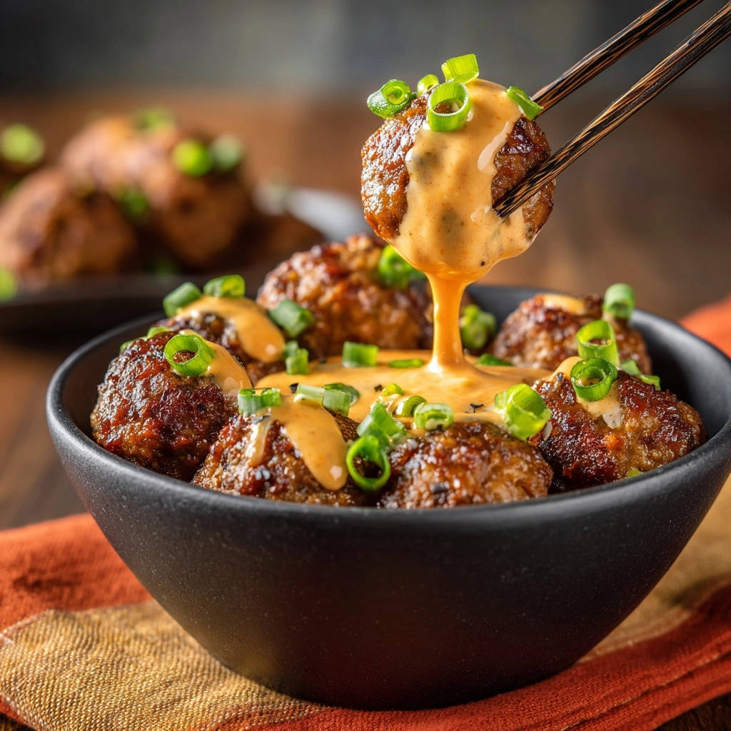 Hackbällchen in cremiger Sriracha-Sauce, garniert mit Frühlingszwiebeln, werden von Stäbchen aus einer Schüssel gehoben.