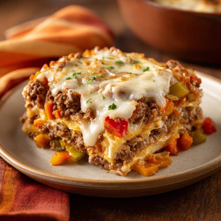 Hackfleisch-Gemüse-Lasagne angeschnitten auf einem Teller, mit geschmolzenem Käse und sichtbaren Gemüseschichten.