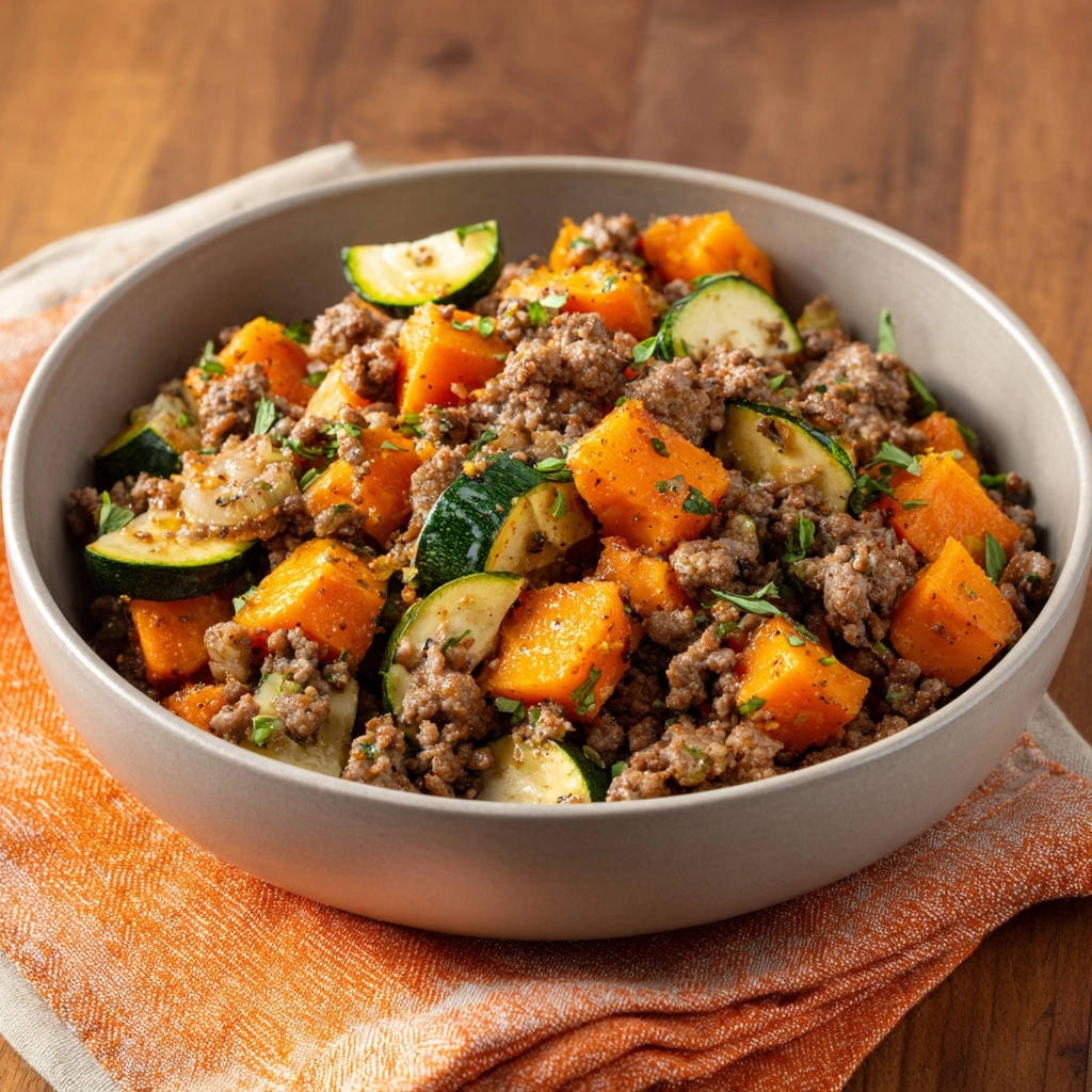 Saftige Hackfleischpfanne mit Süßkartoffel & Zucchini, nahaufnahme der herzhaften Mischung aus Hackfleisch, Kürbis und Zucchinischeiben.
