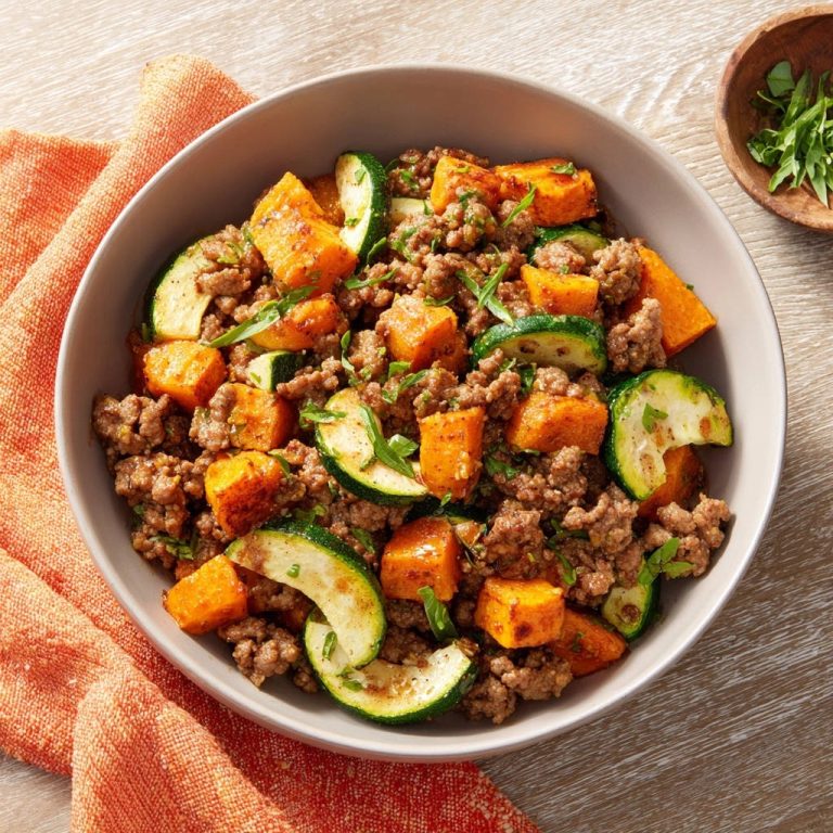 Saftige Hackfleischpfanne mit Süßkartoffel & Zucchini, Nahaufnahme der herzhaften Zutaten in einer Schüssel