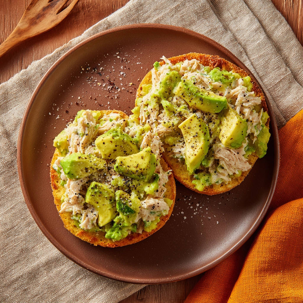 Hähnchen-Avocado Toast serviert auf einem Teller mit einer Nahaufnahme der Zutaten und Gewürzen.