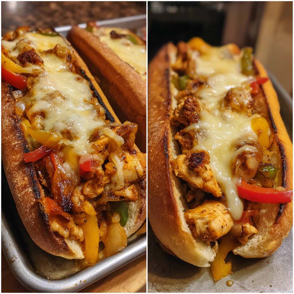 Saftiges Hähnchen-Cheesesteak Sandwich mit geschmolzenem Käse, Nahaufnahme der Füllung und des Brötchens.